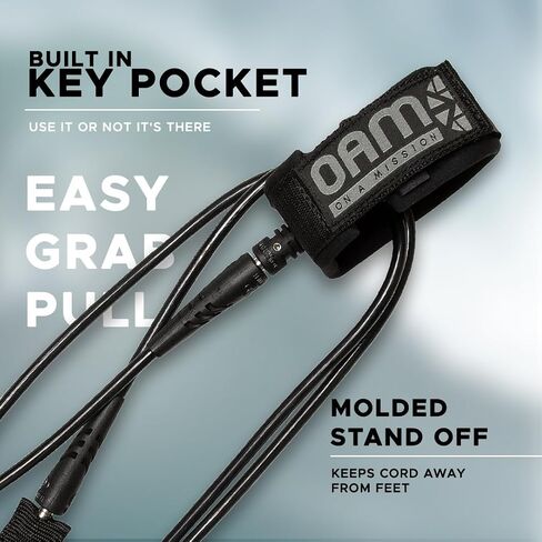 OAM Premium Regular Surfboard Leash - 6, 7, 8, 9, 10 - Made in The USA, Reg Leash w/Key Pocket, Soft Cuff, Double Swivel, Detachable Rail Saver, Molded Stand Off, Pro Surfer Design in Saudi Arabia