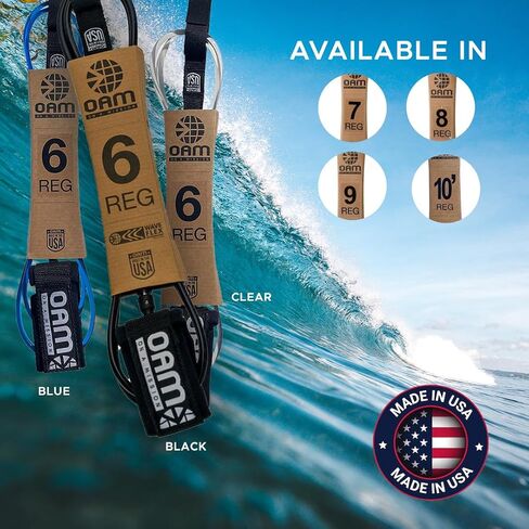 OAM Premium Regular Surfboard Leash - 6, 7, 8, 9, 10 - Made in The USA, Reg Leash w/Key Pocket, Soft Cuff, Double Swivel, Detachable Rail Saver, Molded Stand Off, Pro Surfer Design in Saudi Arabia