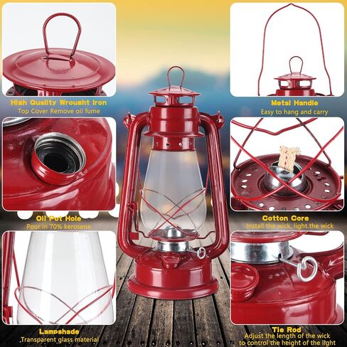 4 Pieces Oil Lamp 12 Inch Hurricane Lantern Kerosene Lamp Oil Lantern Fuel Camping Lanterns Burning Lantern Metal Hanging Lantern with Wick for Indoor Party Decorations Home Camping Hiking (Red) in Saudi Arabia