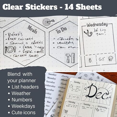 ملصقات مخططة أسبوعية بسيطة للإنتاجية (أسود وأبيض) - 30 ورقة من الملصقات القابلة للكتابة والشفافة - تقويمات صغيرة، متتبع العادات، الأيام، الأرقام - لوازم المجلات المنقطة in Kuwait