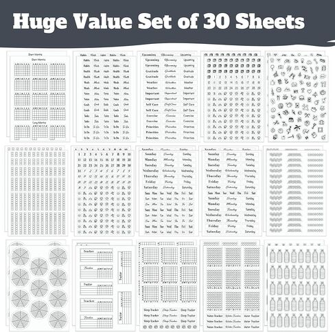 ملصقات مخططة أسبوعية بسيطة للإنتاجية (أسود وأبيض) - 30 ورقة من الملصقات القابلة للكتابة والشفافة - تقويمات صغيرة، متتبع العادات، الأيام، الأرقام - لوازم المجلات المنقطة in Kuwait