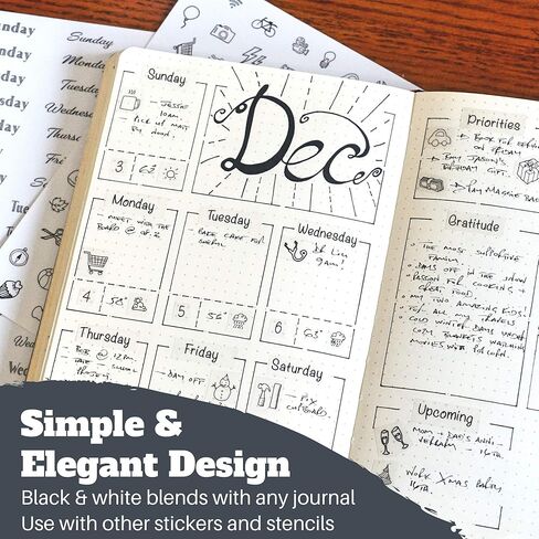 ملصقات مخططة أسبوعية بسيطة للإنتاجية (أسود وأبيض) - 30 ورقة من الملصقات القابلة للكتابة والشفافة - تقويمات صغيرة، متتبع العادات، الأيام، الأرقام - لوازم المجلات المنقطة in Kuwait