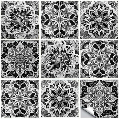 Mandala Style Tile Stickers Set of 20,4x4 Inch (10x10cm) Each Traditional DIY Murals, Black and White Tile Waterproof Oil Proof Removable Decals for Bathroom & Kitchen Backsplash Wall Stickers in Saudi Arabia