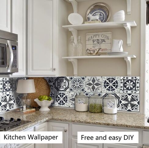 Mandala Style Tile Stickers Set of 20,4x4 Inch (10x10cm) Each Traditional DIY Murals, Black and White Tile Waterproof Oil Proof Removable Decals for Bathroom & Kitchen Backsplash Wall Stickers in Saudi Arabia