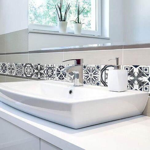 Mandala Style Tile Stickers Set of 20,4x4 Inch (10x10cm) Each Traditional DIY Murals, Black and White Tile Waterproof Oil Proof Removable Decals for Bathroom & Kitchen Backsplash Wall Stickers in Saudi Arabia
