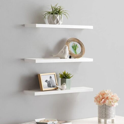 White Floating Shelves Set of 3,Wall Mounted Modern Wood White Floating Wall Shelves Storage Shelf for for Wall Decor, Bedroom, Living Room, Kitchen,Bathroom(White, Set of 3, 17in) in Saudi Arabia