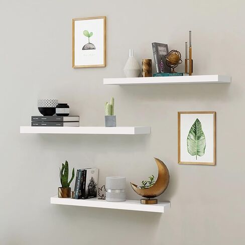White Floating Shelves Set of 3,Wall Mounted Modern Wood White Floating Wall Shelves Storage Shelf for for Wall Decor, Bedroom, Living Room, Kitchen,Bathroom(White, Set of 3, 17in) in Saudi Arabia