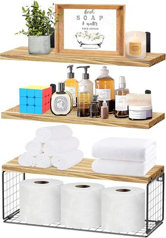 أرفف عائمة 2 في 1 من Szkiuqe، أرفف حمام مع سلة تخزين، أرفف خشبية ريفية مثبتة على الحائط، ديكور جدار المزرعة لغرفة النوم والمطبخ وغرفة المعيشة والنباتات - أسود in Kuwait