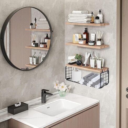 أرفف عائمة 2 في 1 من Szkiuqe، أرفف حمام مع سلة تخزين، أرفف خشبية ريفية مثبتة على الحائط، ديكور جدار المزرعة لغرفة النوم والمطبخ وغرفة المعيشة والنباتات - أسود in Kuwait