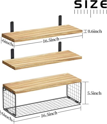 أرفف عائمة 2 في 1 من Szkiuqe، أرفف حمام مع سلة تخزين، أرفف خشبية ريفية مثبتة على الحائط، ديكور جدار المزرعة لغرفة النوم والمطبخ وغرفة المعيشة والنباتات - أسود in Kuwait