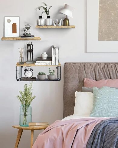 أرفف عائمة 2 في 1 من Szkiuqe، أرفف حمام مع سلة تخزين، أرفف خشبية ريفية مثبتة على الحائط، ديكور جدار المزرعة لغرفة النوم والمطبخ وغرفة المعيشة والنباتات - أسود in Kuwait