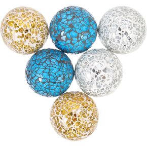 Beavorty 6pcs Decorative Glass Balls Mosaic Sphere Decorative Orbs Centerpiece Balls for Bowls Vases Filler Dining Table Decor Christmas Fall Blue Silver Gold