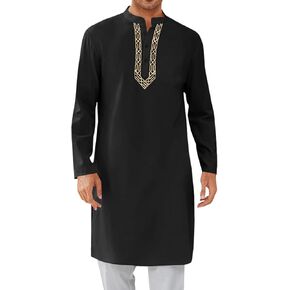 Runcati Mens Kaftan Thobe Button Down Casual Henley Shirts Long Sleeve Robe Cotton Linen Muslim Gown Shirt