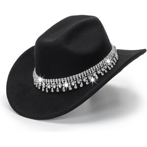 Glitter Silver Black Cowboy Hats for Women - Western Sparkly Rhinestone Cowgirl Hat for Ladies Size M