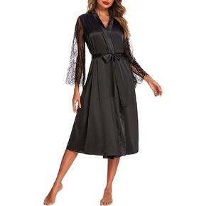 Ekouaer Women's Floral Lace Kimono Robe Long Sleeves Dressing Gown Bathrobe Bride Robe Nightwear