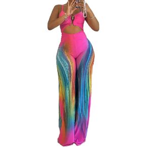 Womens Sexy Jumpsuit Sleeveless Halter Backless Top Rainbow Wide Leg Pants Club Bodysuit