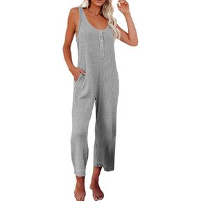 Happy Sailed Womens Casual Sleeveless Front Button Loose Jumpsuits Stretchy Knit Jumpers Long Pants Romper with Pockets