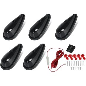 5Pcs Amber Teardrop Cab Marker Lights 9LED Smoke Lens Top Clearance Roof Running Light for Trailers, Trucks, Vans, Pickups, Semis and RVs w/Wires & Mounting Kit