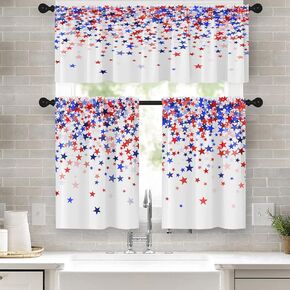 4th of July Decorations Kitchen Curtains Blue and Red Stars Window Curtains and Valances Set 36 Inch, Independence Day Short Tier Curtain for Kitchen, American Holiday Small Kitchen Decor