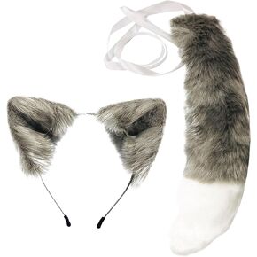 2 Pcs Faux Fur Fox Wolf Cat Ears Headband and Tail Handmade Furry Fancy Party Party Costume Gifts Therian Stuff Tail Gear Wolf Ears for Adults, Men and Women Costume, Halloween,Masquerade Prop,Gray