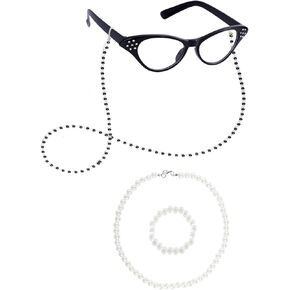 4Pcs Old Lady Costume Accessories for Women 100th Day of School Old Lady Costume Granny Costume with Cat Eye Glasses Pearl Necklace Bracelet Glasses Chain for Dress Up Costume Party Black