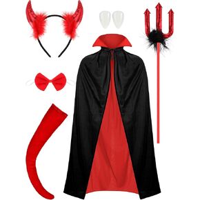 Newcotte 10 Pcs Halloween Devil Costume Set Reversible Cape Horn Headband Fork Bowtie Fangs Halloween Cosplay Accessories