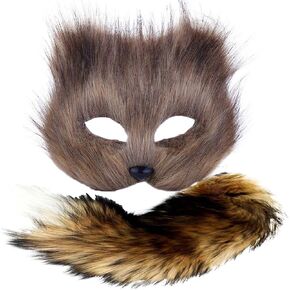YXCFEWD Therian Mask and Tail Cat Mask Therian Women Fox Wolf Furry Mask Cat Costume Set (Brown Mask Tail Set)
