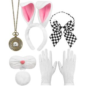 White Rabbit Costume Set, White Rabbit Bunny Ears Headband, Bunny Tail, Nose, Bow Tie, Gloves & Pocket Watch Set, White Rabbit Bunny Costume Accessories for Women Men Halloween Cosplay Dress Up