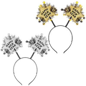 WLBON 2 Pcs Happy New Year Headband Star Hair Hoops Bands Headpiece Hairband Women Christmas Xmas New Year Eve Wedding Holiday Festival Parade Cosplay Dress Up Birthday Party Accessories Golden Silver