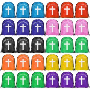 Jesus Loves You Drawstring Backpack Bulk Church School Easter Religious Gift Bag Bible Bag Polyester Backpack for Christian Religion Gift(30 Pcs,Cross)