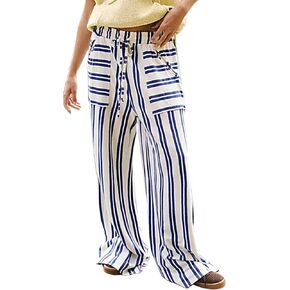 Womens Wide Leg Striped Pants Loose Fit Drawstring Comfy High Waist Striped Lounge Pants with Pockets