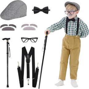 Kids 100 Days of School Costume for Boys - Halloween Old Man Costume Hat Glasses and Grandpa Vest Set for Child