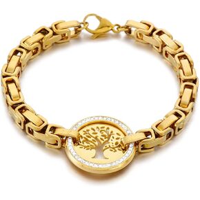 Family Tree Bracelet Cubic Zirconia 18K Gold Plated Chunky Chain Link Bracelet Tree of Life Jewelry Gift