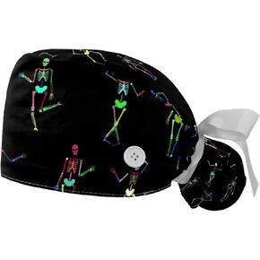 2 Pack Surgical Cap with Button Sweatband, Color Dancing Skeleton Working Cap Ponytail Holder for Women Long Hair