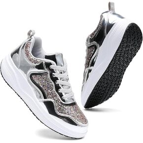 Women's Lace Up Inner Heightening Wedge Walking Shoe Sequins Fashion Sneakers Lightweight Non Slip Workout Shoes