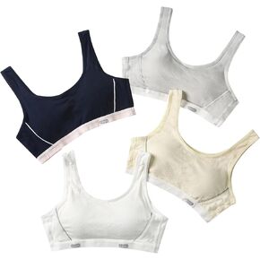 4 Pieces Popular Girls Sports Racerback ， Girls Cotton Cropped Training Bra（White, Skin Tone, Dark Blue, Gray）