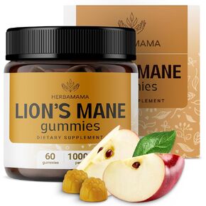 HERBAMAMA Lion's Mane Gummies - 1000 mg Lion's Mane Mushroom Brain Health Supplements for Adults - Vegan, Gelatin-Free, Non-GMO - 60 Apple-Flavored Chews