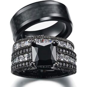 Couple Ring Bridal Sets His And Hers Women Black Gold Filled Square CZ Men Tungsten Carbide Band Wedding Ring Band Set