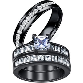 TWO RINGS His Hers Wedding Ring Sets Couples Rings Women's Black Gold Filled White CZ Wedding Engagement Ring Bridal Sets & Men's Titanium Wedding Band