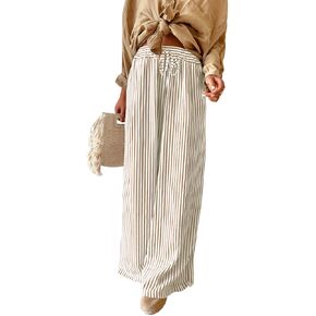 Acelitt Women Casual Drawstring Elastic Waist Striped Wide Leg Pants with Pockets, S-XXL