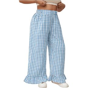 Verdusa Women's Plus Size Loose Plaid Pants Elastic High Waisted Ruffle Hem Trousers