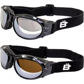 Birdz Eyewear Padded Motorcycle Riding Goggles 2 Pairs Black Frames with Clear Mirror & Driving Mirror Lenses