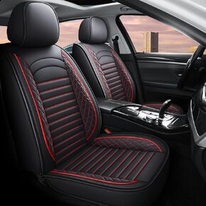 Priprilod Car Seat Covers Full Set, Waterproof Black Leather with red Stitching Seat Covers Protector Universal for Most Types of Cars Trucks SUV Pick-up Truck