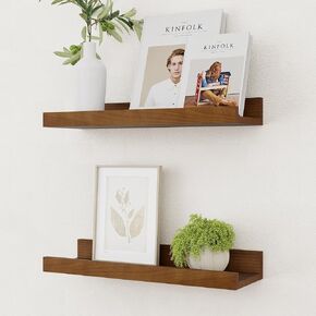 Picture Ledge Shelf, Solid Pine Wood Rustic Floating Shelves for Wall, 24 Inch Floating Shelves with Lip for Bedroom Kitchen Living Room Nursery Display Wall Decor, Set of 2 (Walnut)