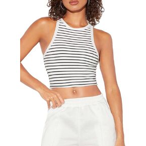MakeMeChic Women's Casual Crew Neck Striped Tank Top Sleeveless Crop Top Slim Fitted Summer Vest