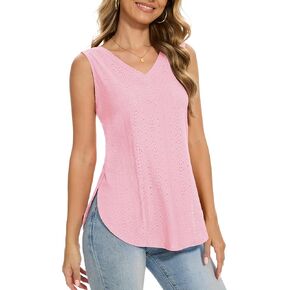 قمصان بدون أكمام للسيدات من Jouica، رقبة على شكل حرف V، مطرزة بفتحة جانبية، قمصان أساسية فضفاضة وناعمة in Kuwait