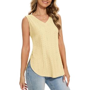 Jouica Womens Sleeveless Tops V Neck Eyelet Embroidery Side Split Casaul Soft Flowy Loose Basic Tank Tops