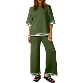SHEWIN Lounge Sets For Women Casual 2 Piece Sets Short Sleeve Sweater Matching Wide Leg Pants Womens Spring Fashion 2025