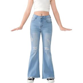 SHENHE Girl's High Waisted Flare Leg Jeans Split Raw Hem Denim Pants with Pockets in Kuwait