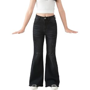 SHENHE Girl's High Waisted Flare Leg Jeans Split Raw Hem Denim Pants with Pockets